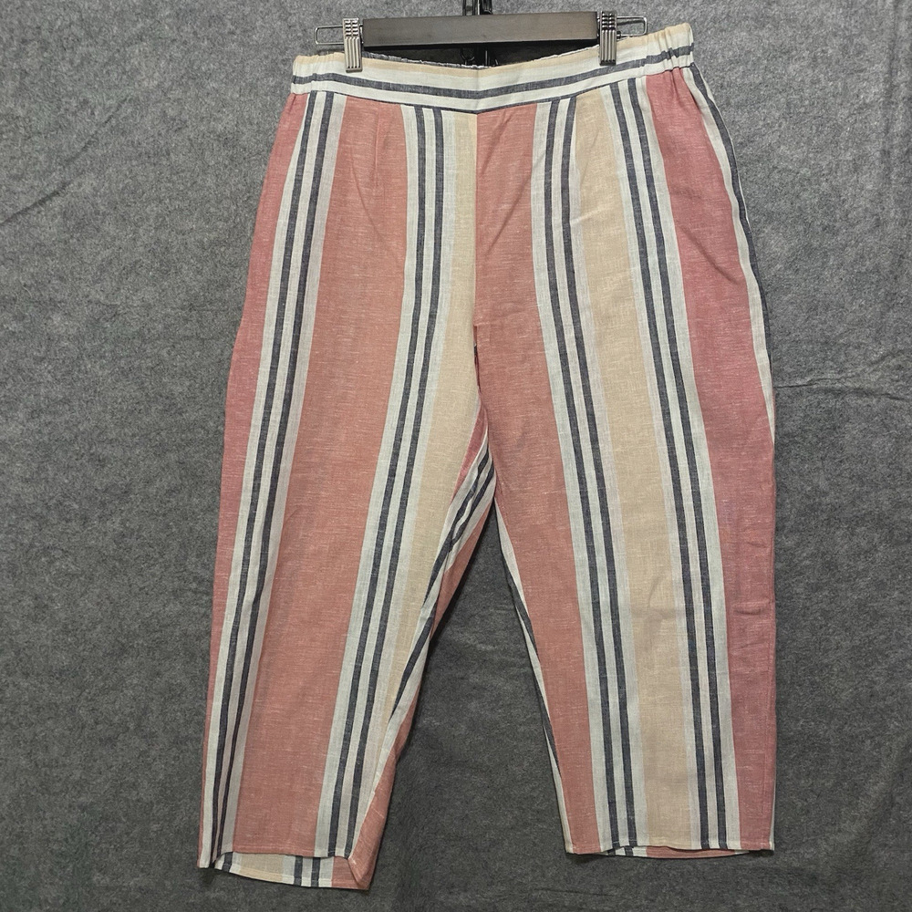 Melissa Paige Linen Blend‎ Crop Pants Womens Sz PM Pink Yellow Striped Wide Leg